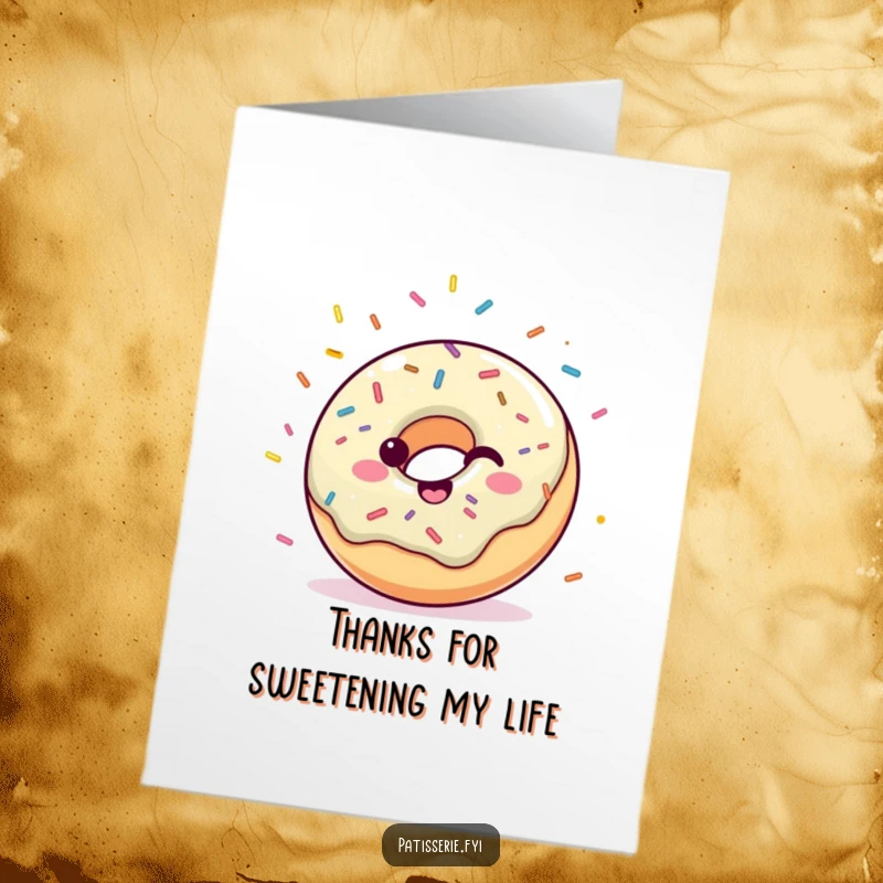 Funny Free Printable Thank You Card: A happy donut with sprinkles throwing a shower of confetti to express thanks.
