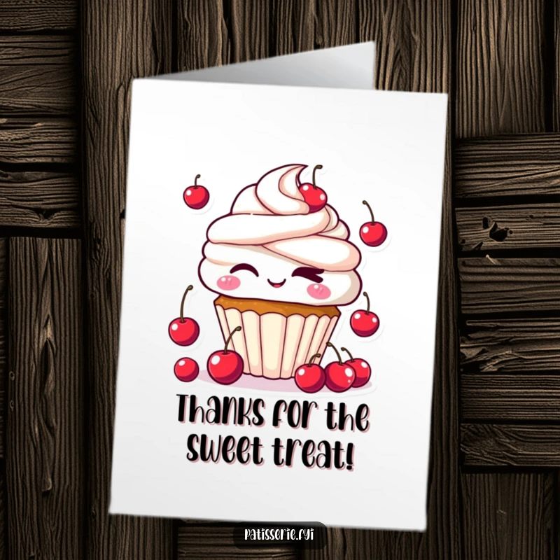 Funny Free Printable Thank You Card: Adorable kawaii cupcake winking, juggling cherries to say thank you. Downloadable.