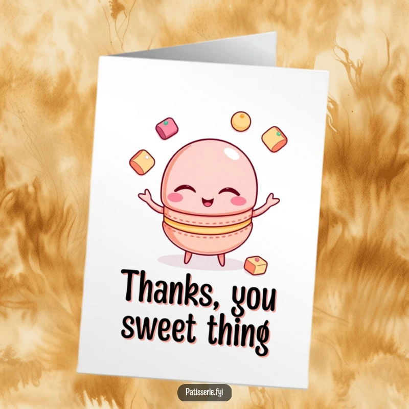 Funny Free Printable Thank You Card: A winking macaron juggling sugar cubes, expressing sweet thanks.
