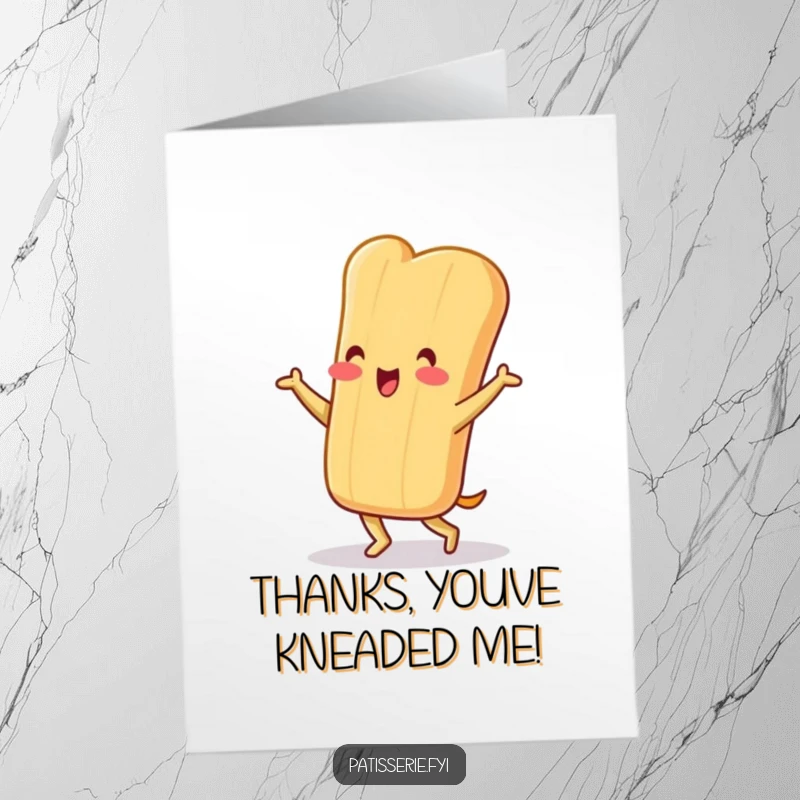 Funny Free Printable Thank You Card: A cheerful baguette character does a silly jig, offering thanks.