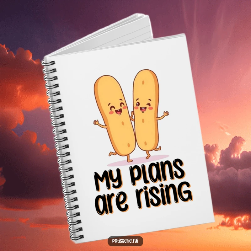 Funny notebook featuring a happy baguette character dancing with a breadstick partner, ready for notes.