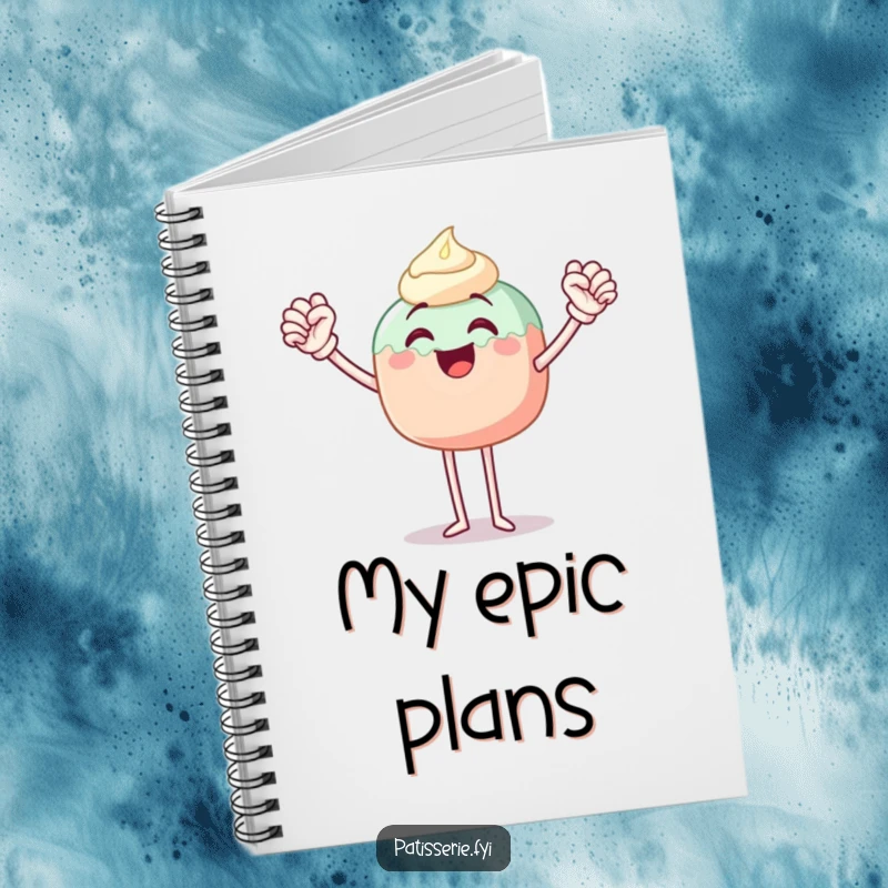 Funny notebook cover featuring a joyful cake pop character with legs, performing an epic fist pump, ready to capture great ideas.