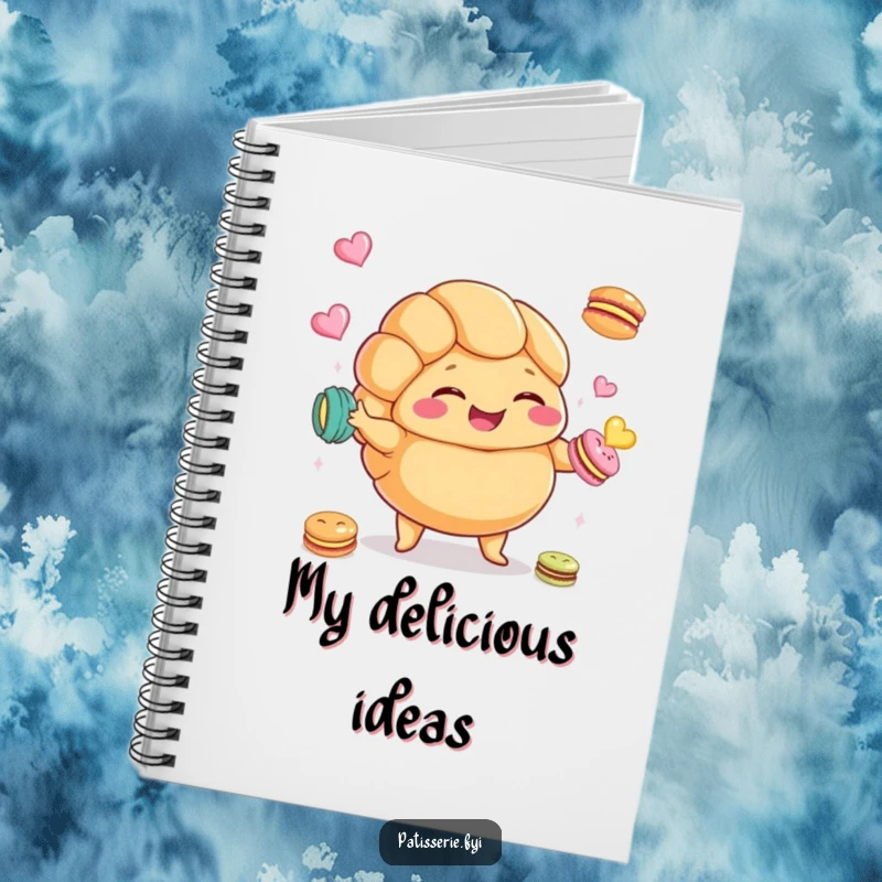 Funny Croissant Macaron Notebook with a plump croissant character giggling and juggling macarons, perfect for journaling.
