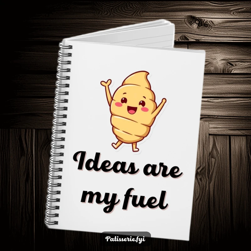 Funny notebook featuring a smiling croissant character joyfully jumping with one arm raised, perfect for jotting down delightful plans.