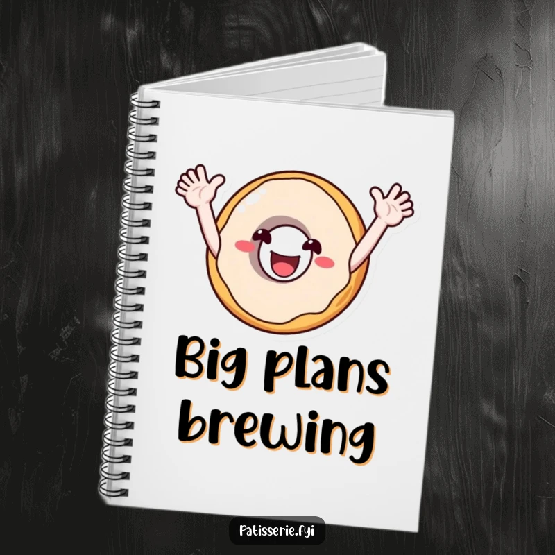 Funny notebook with a smiling donut character with arms outstretched, cheering enthusiastically, perfect for capturing ideas with sweet energy.