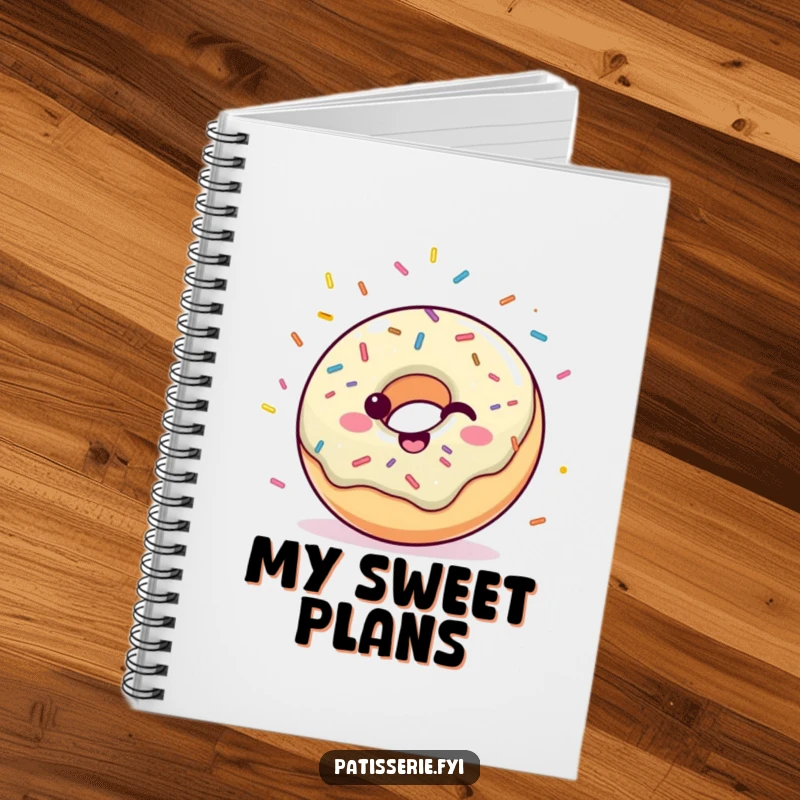 Funny notebook cover showcasing a happy donut with sprinkles throwing confetti, perfect for jotting down notes and ideas.