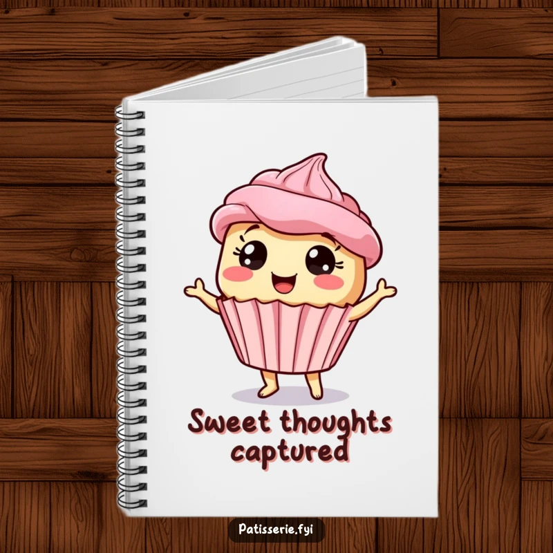 Funny giddy cupcake notebook with a dancing dessert character with wide eyes on the cover, perfect for note-taking.