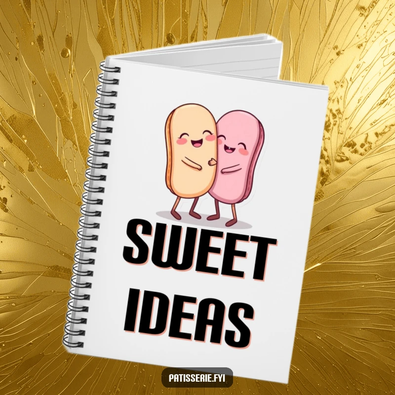 Funny notebook with a giggling pair of macarons with small legs hugging, perfect for jotting down notes.