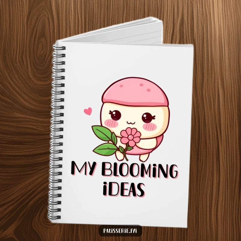 Funny macaron character with rosy cheeks blushing and holding a flower, inside a humorous notebook for jotting down ideas.