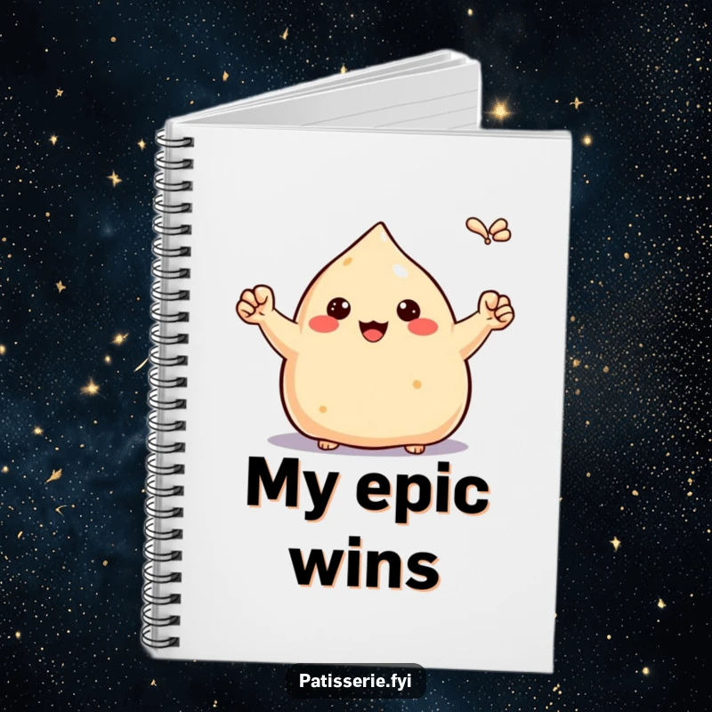 Funny proud samosa notebook, pumping tiny fists in the air, celebrating victory, perfect for notes, humorous stationery.