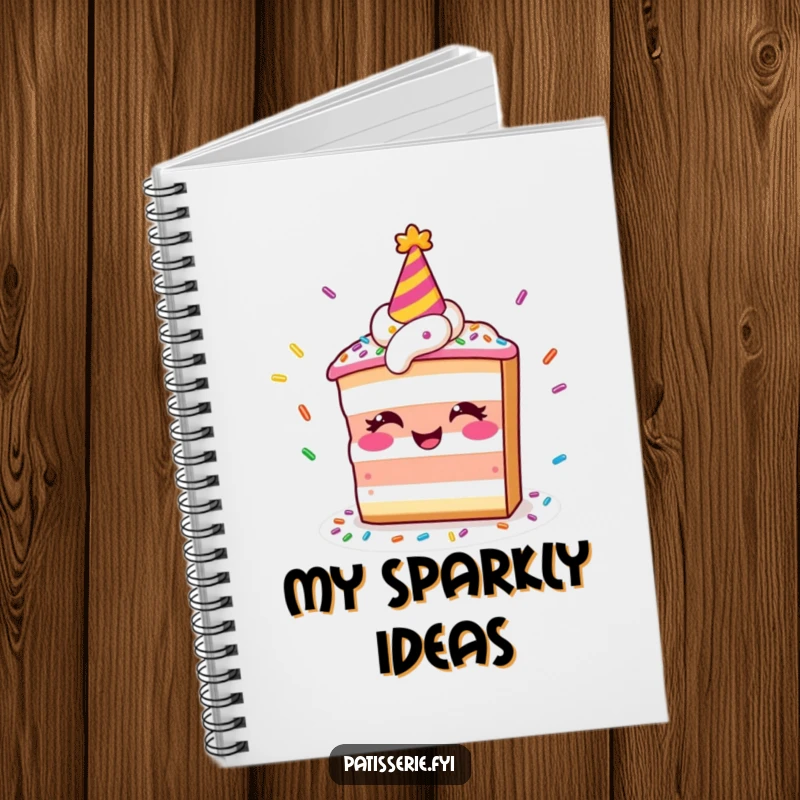 Funny notebook with a smiling slice of cake in a party hat juggling sprinkles, perfect for jotting down ideas.