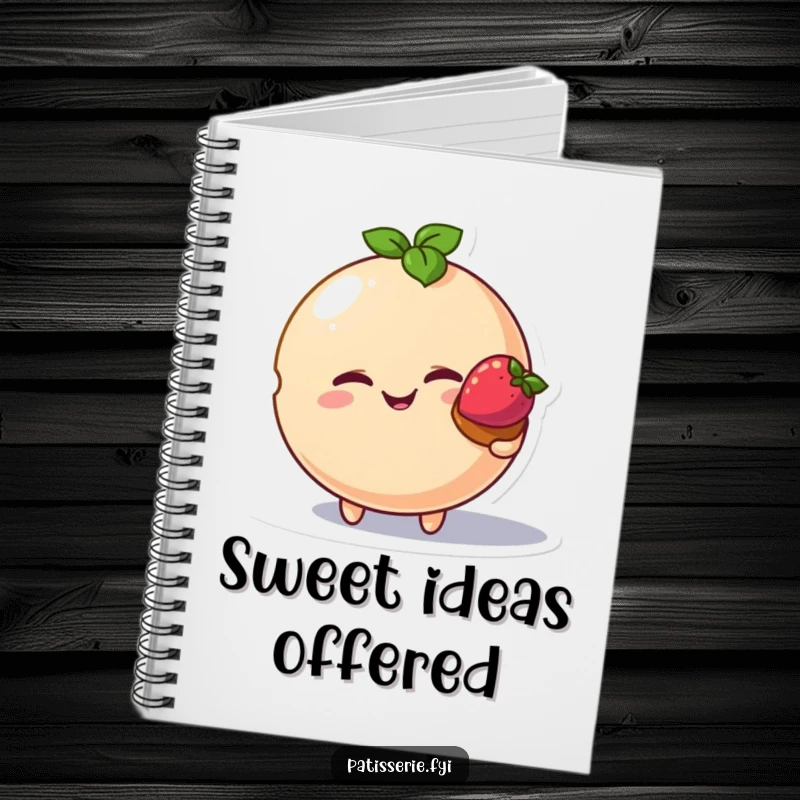 Funny macaron bird notebook, winking macaron character, offering tart, humorous stationery, cute food design.