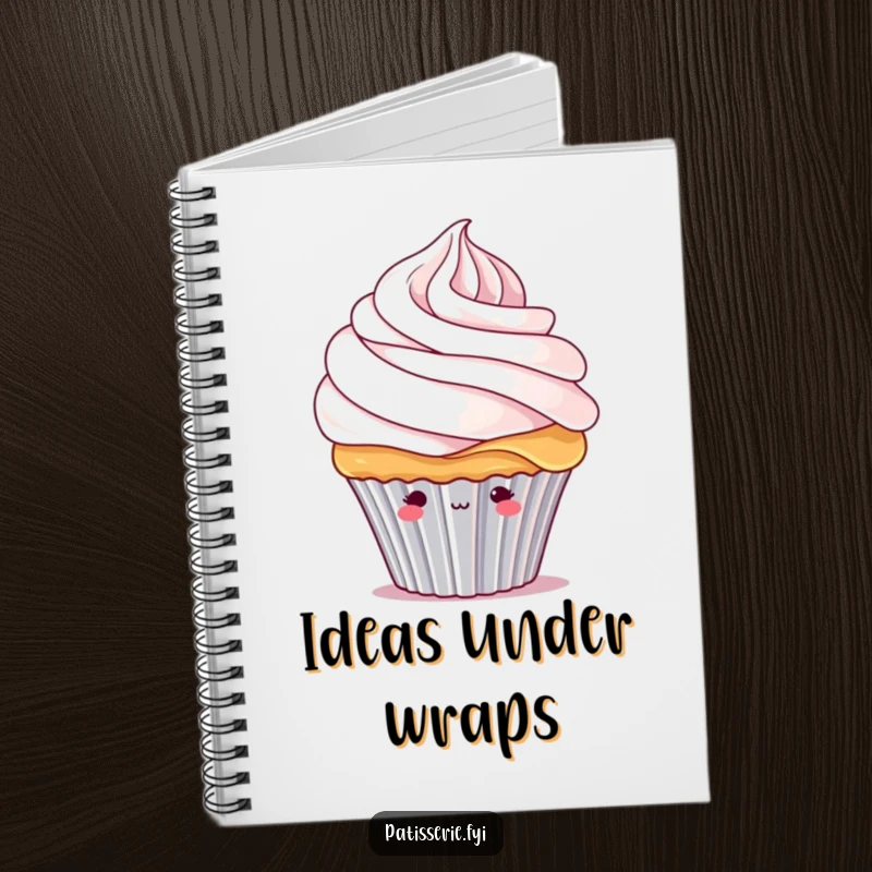 Funny shy cupcake notebook with a bashful cupcake character peeking from under a giant whipped cream swirl, ready for notes.