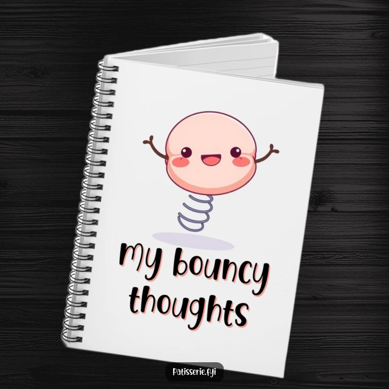 Funny notebook cover showcasing a cheerful macaron bouncing on a spring, perfect for jotting down notes and ideas.