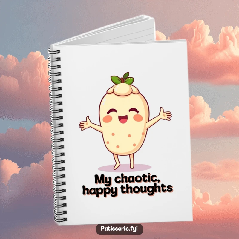 Funny notebook featuring a giggling tart character doing a silly dance with arms spinning, perfect for jotting down delightful plans.