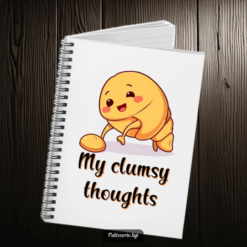 Funny Croissant Notebook with a smiling croissant character tripping over its pastry feet, inspiring notes and reminding us it's okay to stumble.