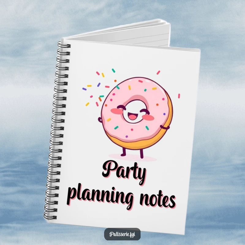 Funny Donut Notebook with a giggling donut character spraying sprinkles, inspiring cheerful notes and creative, festive ideas.