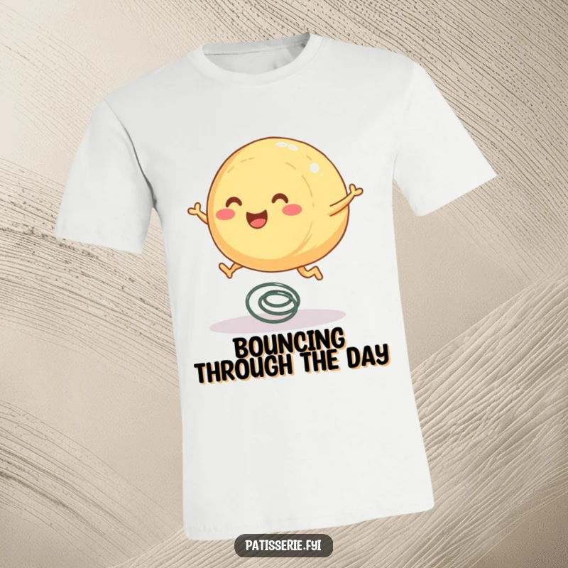 Funny pastry t-shirt depicting a round, smiling pastry character with tiny legs joyfully jumping on a spring.