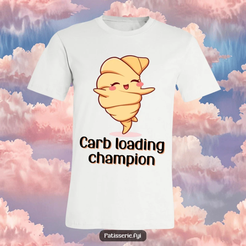 Funny t-shirt showcasing a charmingly winking croissant mid-cartwheel, exuding playful energy and buttery goodness.