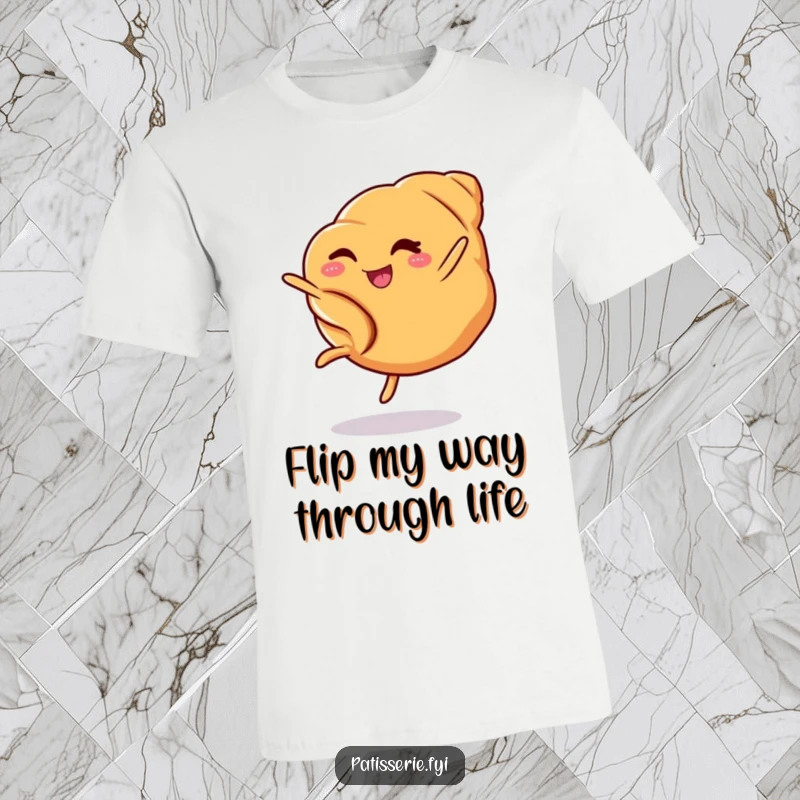 Funny croissant t-shirt depicting a slyly winking pastry doing a cartwheel, offering a humorous and energetic vibe.