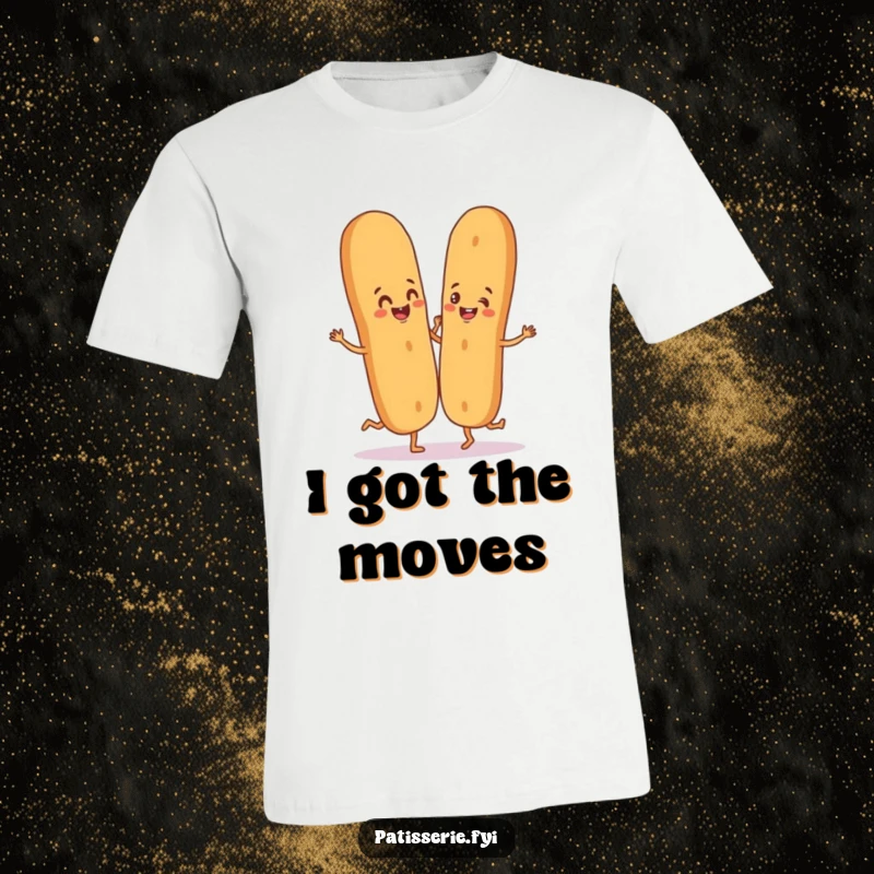 Funny t-shirt with a happy baguette character dancing playfully with a breadstick partner, celebrating food fun.