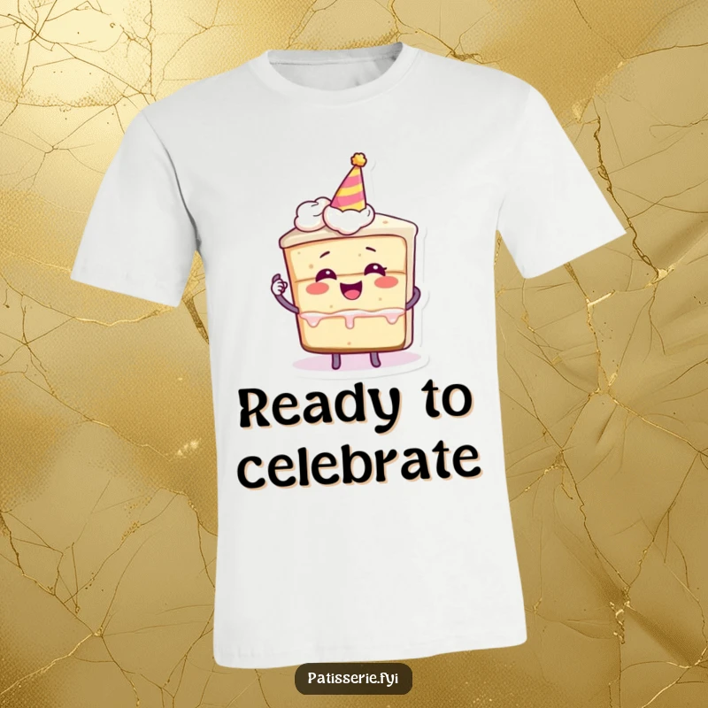 Funny t-shirt featuring a slice of cake character giggling, holding a miniature party hat, radiating pure joy and a love for celebrations.