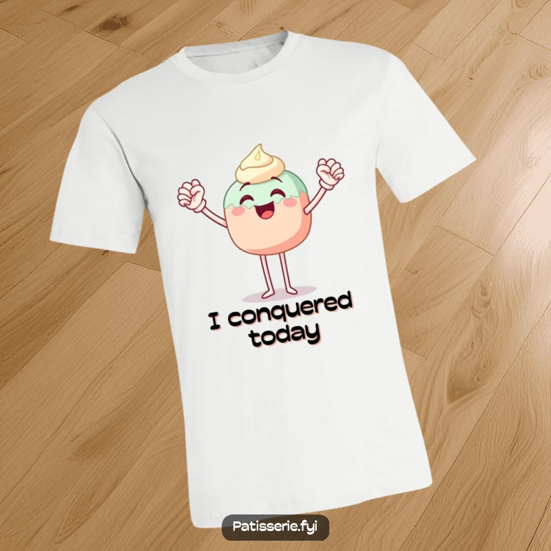 Funny t-shirt showcasing a joyous cake pop character with legs, striking a celebratory fist pump pose with immense enthusiasm.