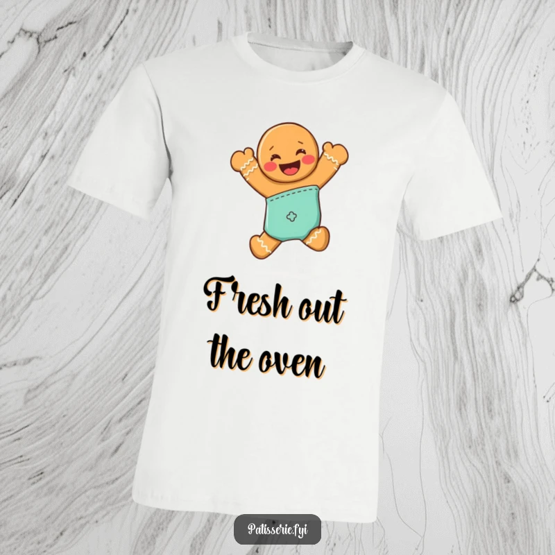 Funny t-shirt with a grinning gingerbread man leaping joyfully from an oven mitt, celebrating baking fun.