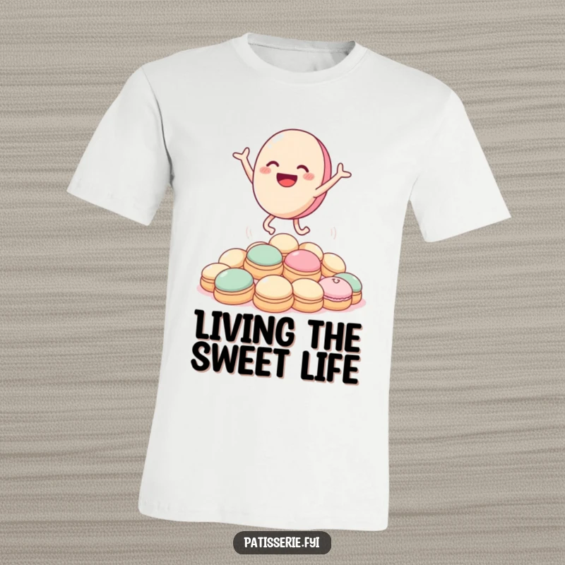 Funny macaron t-shirt featuring a smiling macaron character in mid-air, gleefully leaping over a mound of cream puffs.