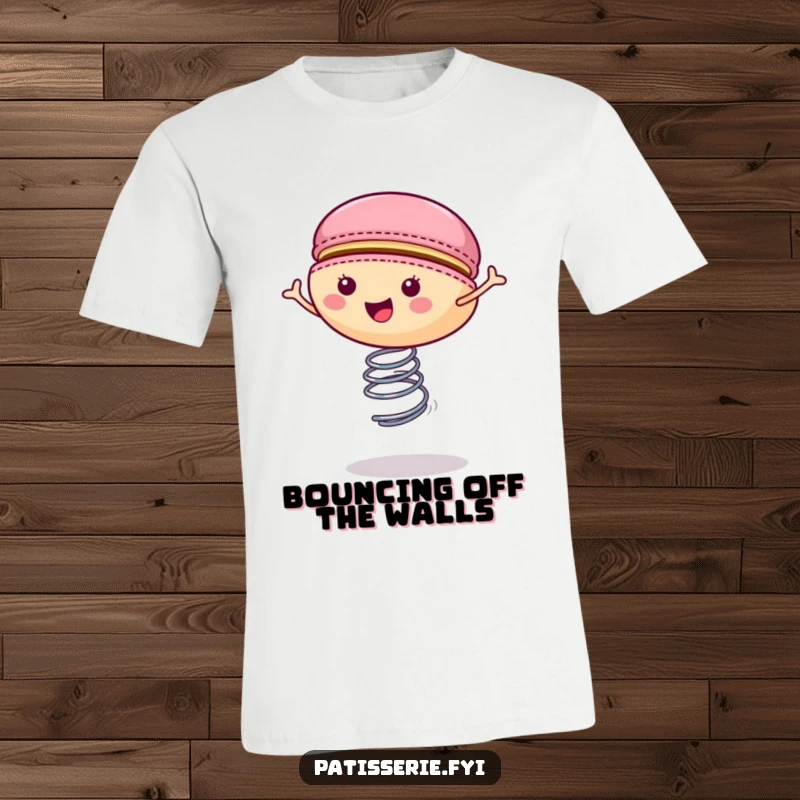 Funny macaron t-shirt showing a joyful cookie enthusiastically bouncing on a spring, radiating high energy and fun.