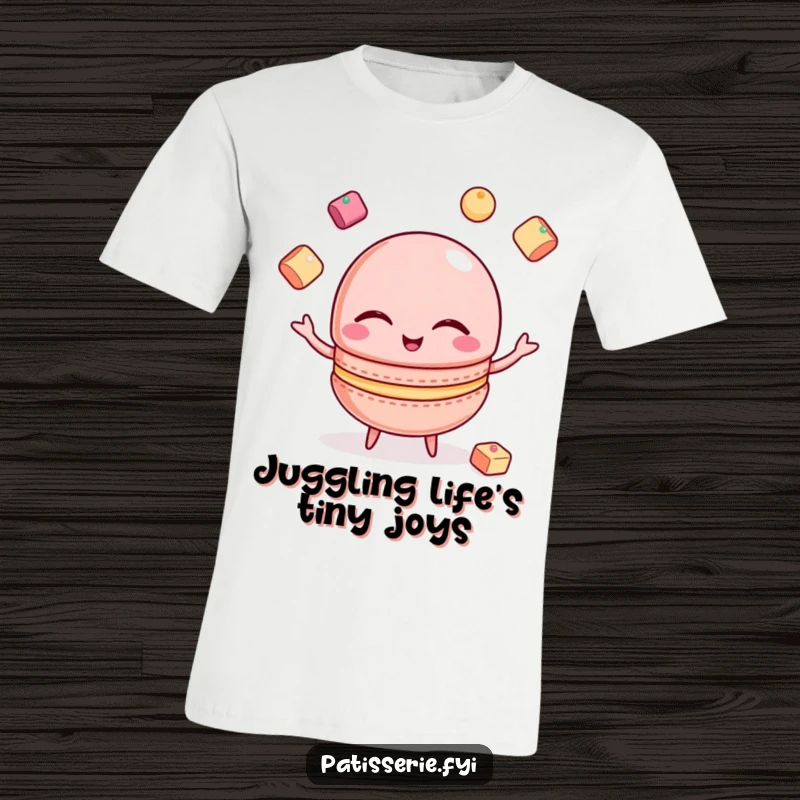 Funny Macaron T-Shirt: A winking macaron juggles sugar cubes, a stylish and funny representation of skill.