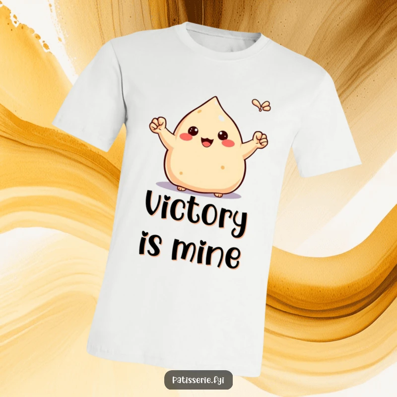 Funny proud samosa t-shirt, pumping tiny fists in the air, celebrating a win, motivational snack humor, excellent gift.