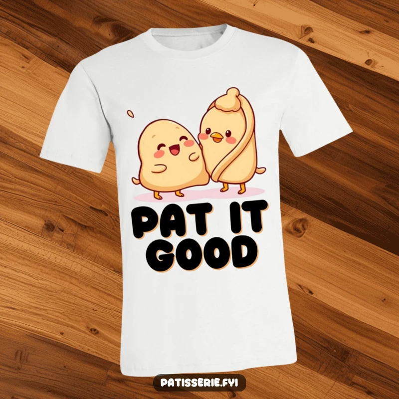 Funny samosa t-shirt, beaming, attempting to pat a confused chickpea, whimsical food humor, excellent gift.