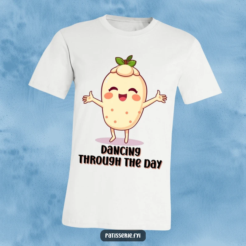 Funny t-shirt featuring a giggling tart character doing a hilarious dance with arms spinning wildly, embodying pure silliness.
