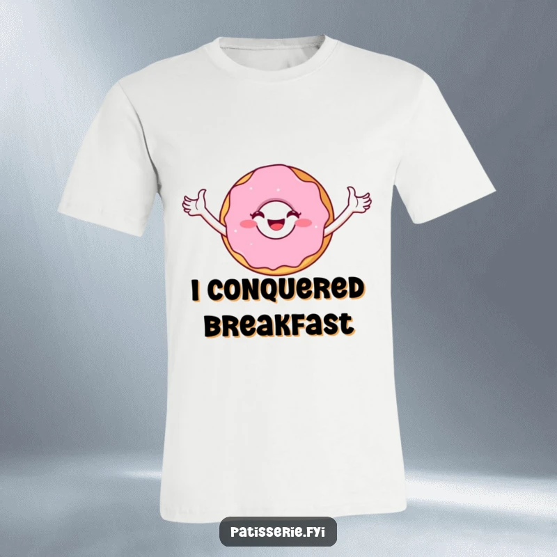 Funny T-Shirt: A joyful donut character standing tall with arms up in a triumphant, celebratory stance.