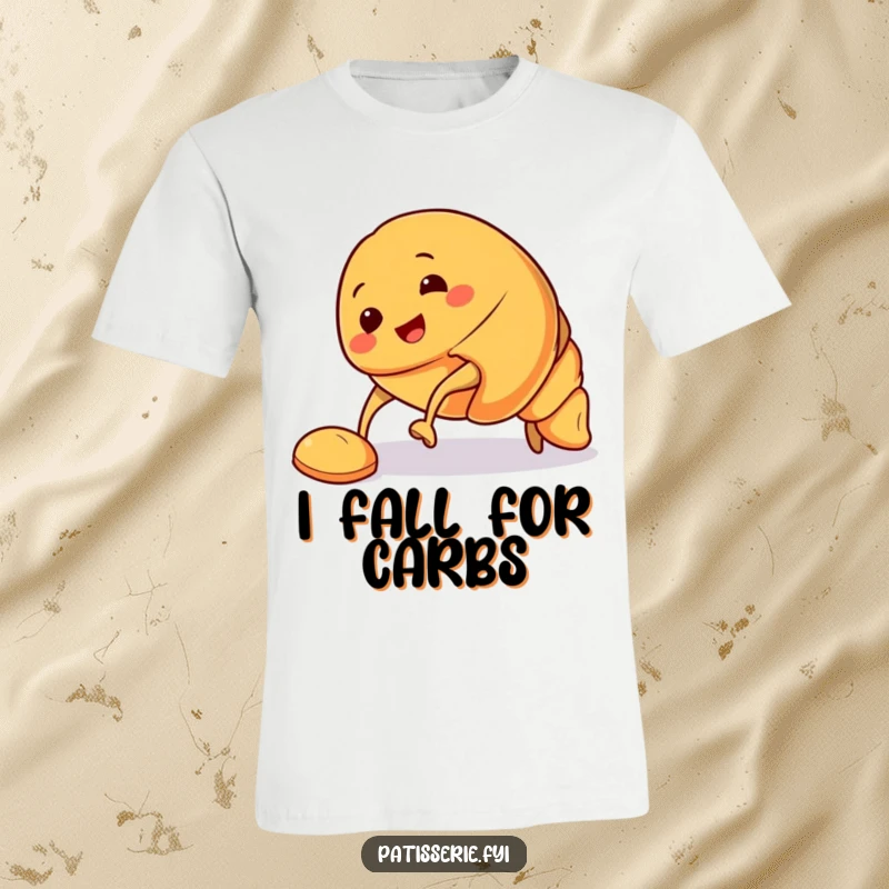 Funny Croissant T-Shirt showing a smiling croissant character comically tripping over its feet, a symbol of delightful and humorous mishaps.