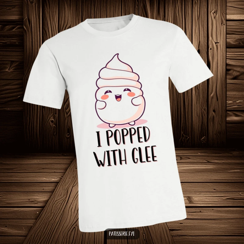 Funny Meringue T-Shirt features a happy, deflated meringue character laughing infectiously, designed for maximum humor and comfort.