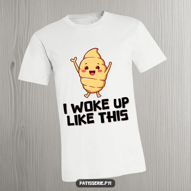 Funny t-shirt depicting a happy, smiling croissant character mid-air, jumping with excitement and one arm raised victoriously.