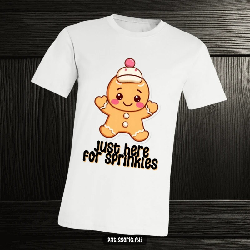 Funny gingerbread cookie t-shirt showcasing a happy character waving, sporting a jaunty cap, perfect for casual wear and spreading smiles.