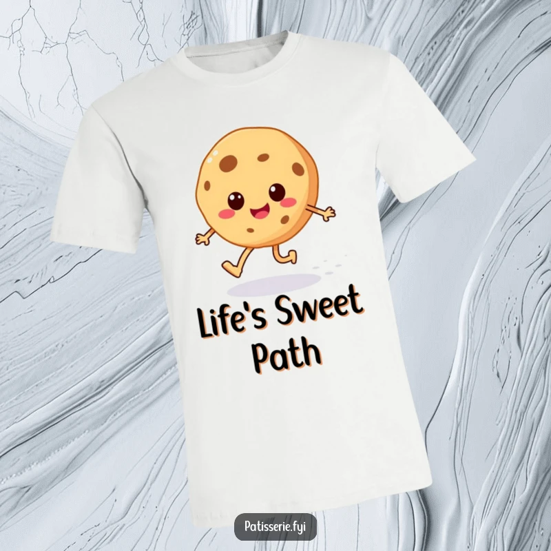 Funny cheerful cookie t-shirt featuring a happy skipping character with a sugar sprinkle trail, a delightful gift.