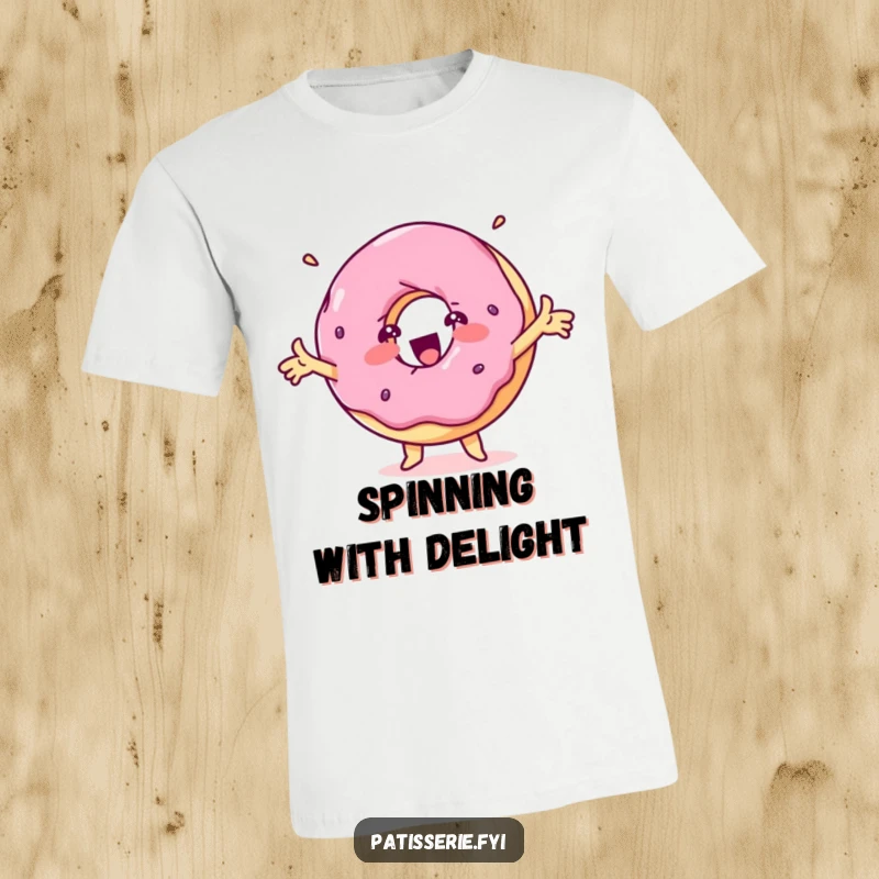 Funny delighted donut t-shirt depicting a spinning treat character with outstretched arms, perfect for spreading cheer.