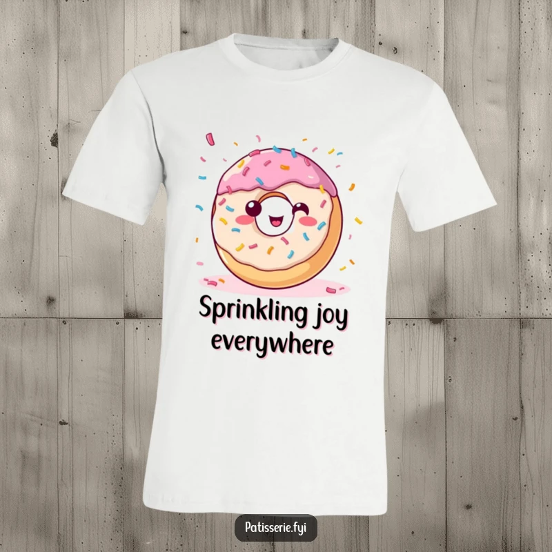 Funny donut t-shirt depicting a happy, sprinkle-covered pastry joyfully throwing confetti, celebrating good times.