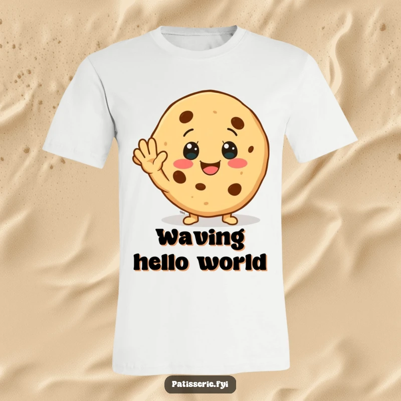 Funny T-Shirt: A smiling cookie character enthusiastically waving both hands, radiating pure happiness and friendly greetings.