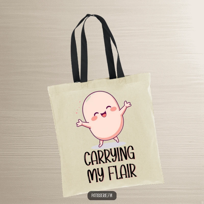 Funny Macaron Tote Bag: A cheerful, round macaron character performing a joyful cartwheel, perfect for carrying groceries with a dose of sweetness.
