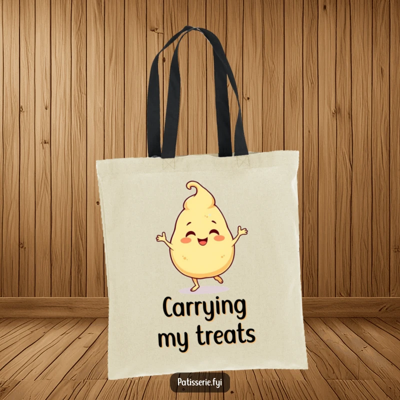 Funny Tote Bag: A giggling profiterole character humorously doing a lively jig, perfect for carrying sweet treats.