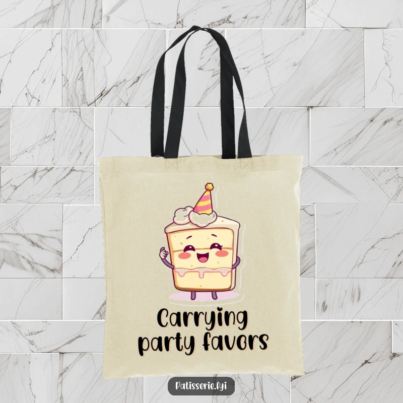 Funny tote bag with a slice of cake character giggling, holding a miniature party hat, perfect for carrying goodies with festive flair.