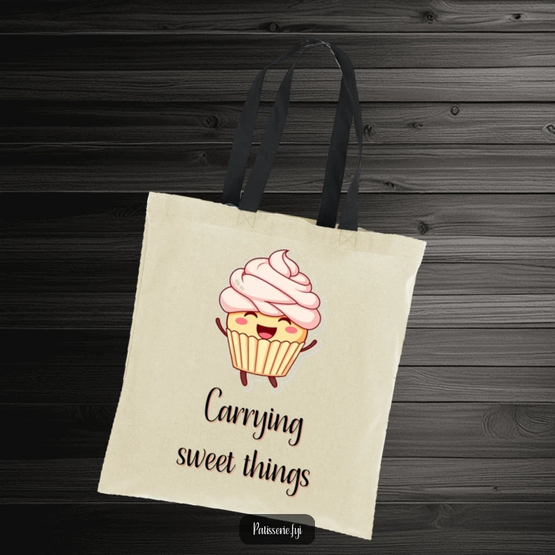 Funny tote bag featuring a joyful cupcake with expressive frosting hair, leaping with delight for everyday use.