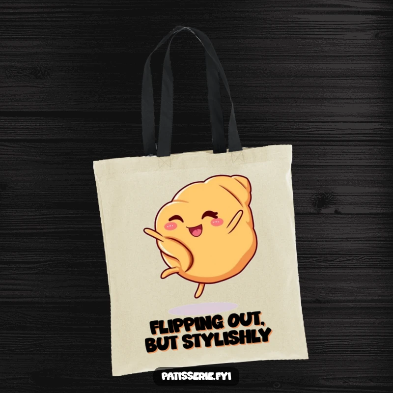Funny croissant tote bag illustrating a winking baked good executing a cartwheel, a delightful and humorous accessory.