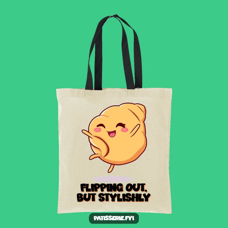 Carry your essentials with a smile! This tote bag features a croissant winking while doing a cartwheel, blending practicality with pure joy.