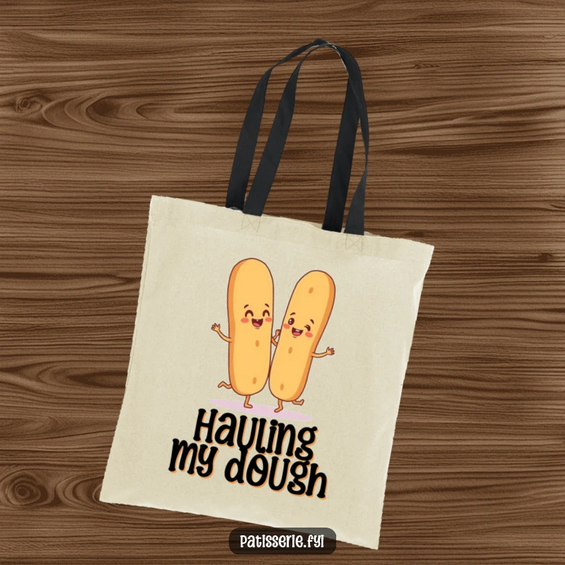 Funny tote bag with a happy baguette and breadstick dancing together in a silly, joyful manner.